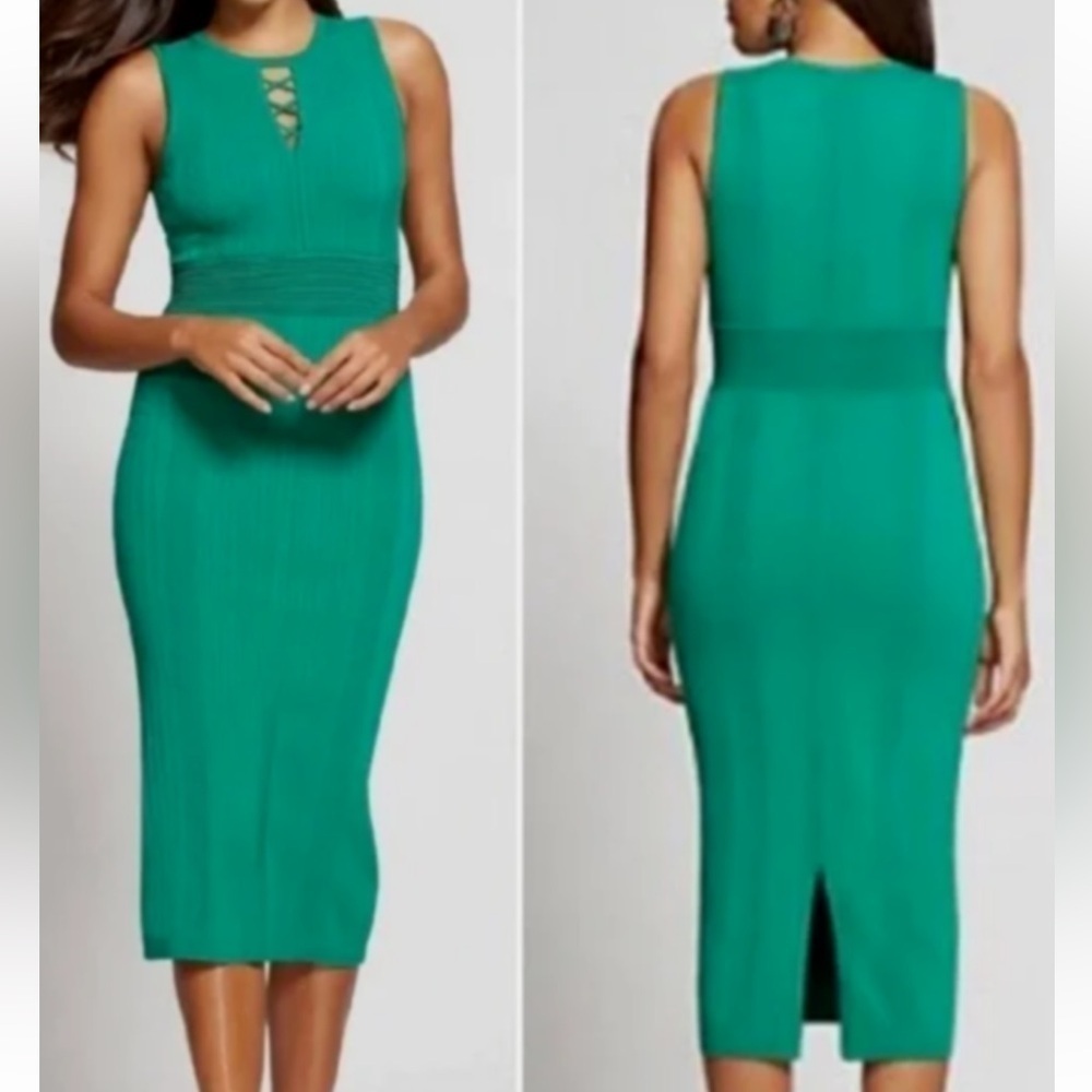 Gabrielle Union Green Ribbed Sleeveless Bodycon Sweater Dress Size Large. A7 - Picture 1 of 17